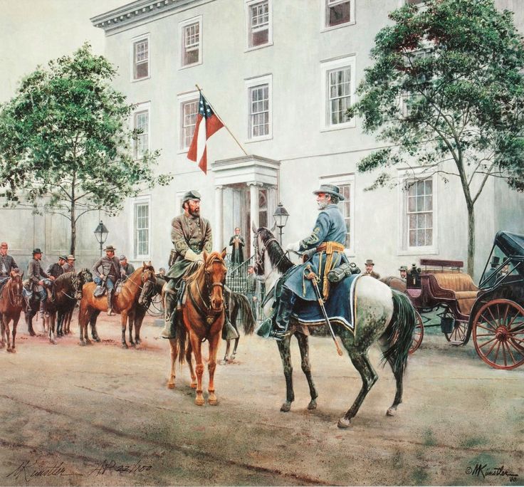 two men riding horses in front of a white building with an american flag on it