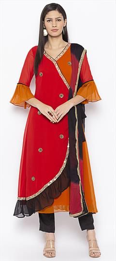 Orange, Red and Maroon color Salwar Kameez in Georgette fabric with Patch work Beads Work Embroidery, Suit Salwar, Beads Work, Salwar Kameez Online, Ethnic Outfits, Indian Suits, Chiffon Dupatta, Salwar Kameez Designs, Georgette Fabric