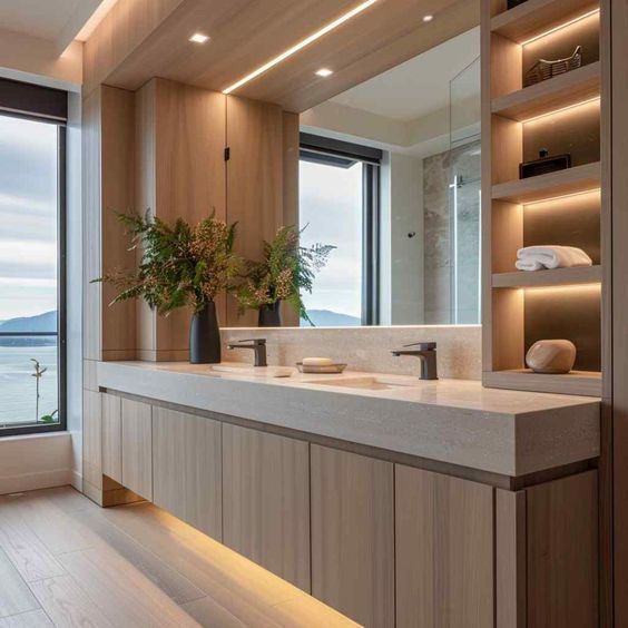 a bathroom with a large mirror and two sinks in front of a window overlooking the water