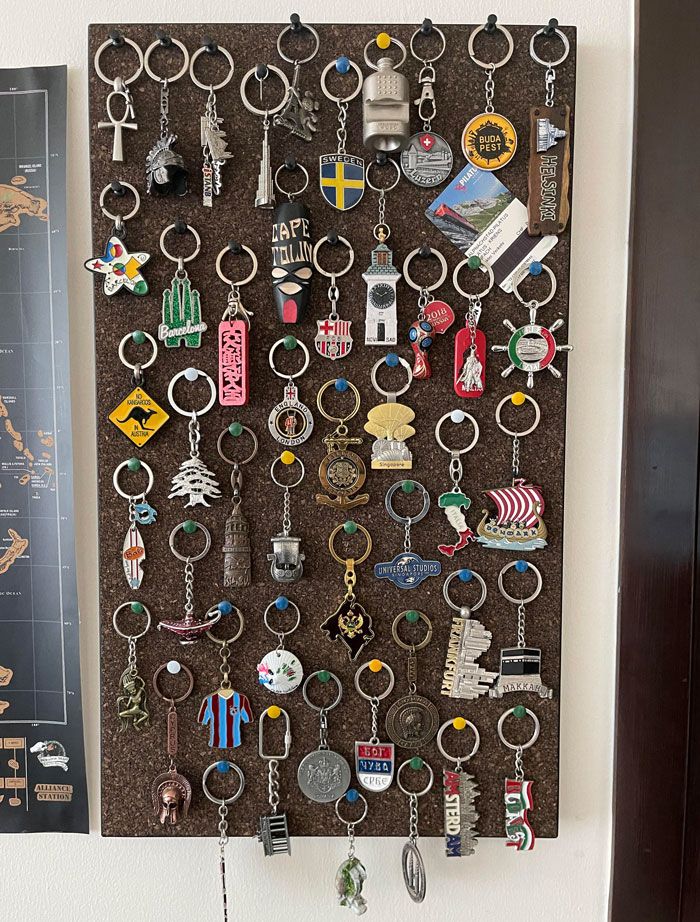 a bunch of key chains are hanging on a wall next to a map and other items