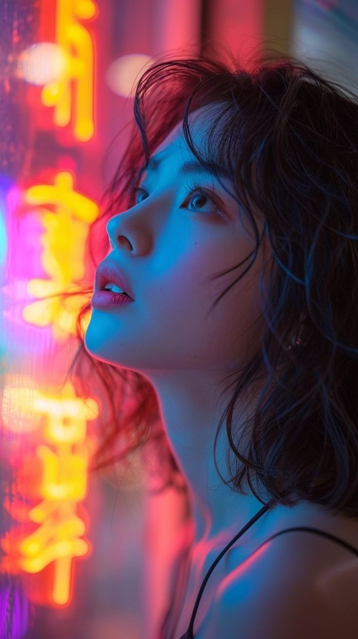 a woman with long hair standing in front of neon lights and looking off into the distance