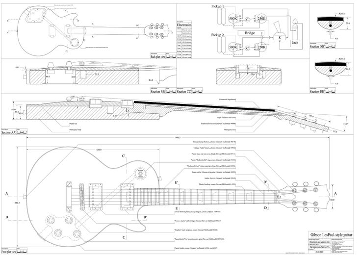 an electric guitar is shown in blueprints, and it's parts are labeled