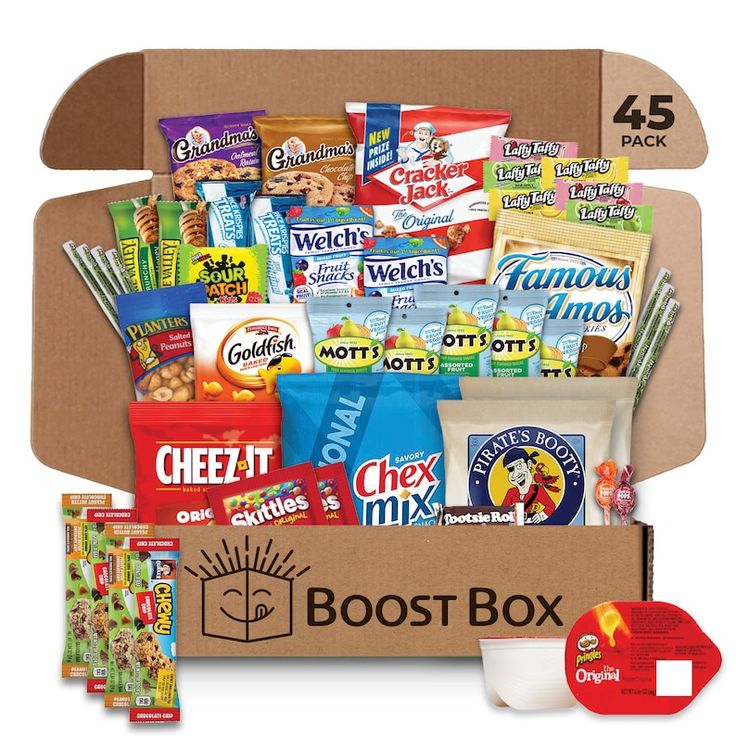 an open box filled with snacks and candy