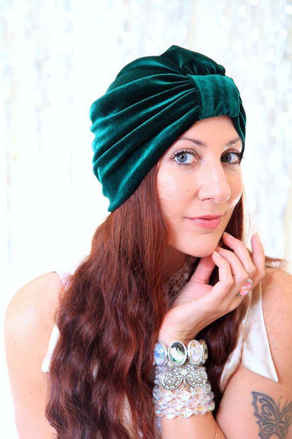 Hair Turban in Hunter Green Velvet by Mademoiselle Mermaid on Etsy. Bohemian Headwrap Headband For Party, Bohemian Party Headband Headwrap, Bohemian Fitted Headscarf Headband, Bohemian Turban For Festivals, Bohemian Green Headwrap Style Headband, Bohemian Green Headwrap As Headband, Green Bohemian Headpiece For Party, Bohemian Turban With Matching Headband, Green Bohemian Turban One Size