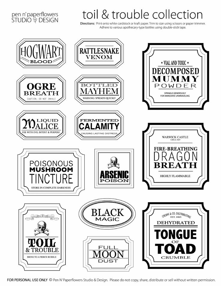 the labels for various products are shown in black and white, with different font styles