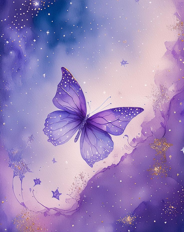 a painting of a purple butterfly flying in the sky with stars on it's wings