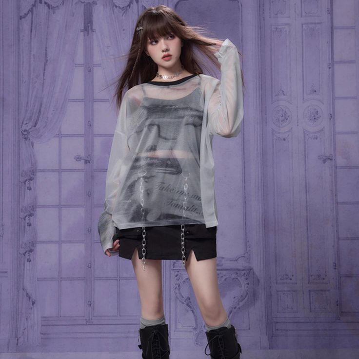 <Material> 






 Polyester 









<Size> 






 One size: Shoulder width 65cm Bust 124cm Hem circumference 124cm Sleeve length 54cm Length 63cm









 ＜Model wearing＞



 Wearing size 





 One size




 Model Dimensions



 Height: 163cm

 Weight: 43kg Casual Long Sleeve Sheer Blouse, Harajuku Long Sleeve Top For Summer, Harajuku Long Sleeve Summer Top, Summer Harajuku Long Sleeve Top, Summer Long Sleeve Harajuku Top, Harajuku Long Sleeve Tops For Alternative Fashion, Oversized Long Sleeve Harajuku Tops, Long Sleeve Grunge Tops For Spring, Long Sleeve Graphic Print Mesh Top For Party