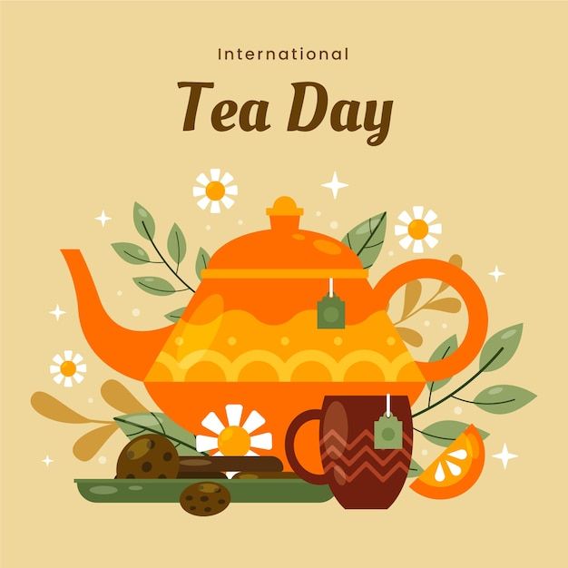 the international tea day poster is designed to look like an orange teapot with flowers on it