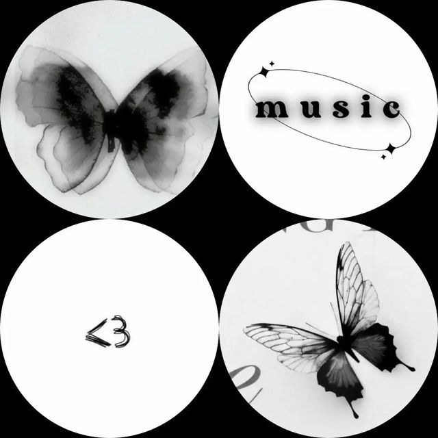 four different pictures with the words music and butterflies on them, all in black and white