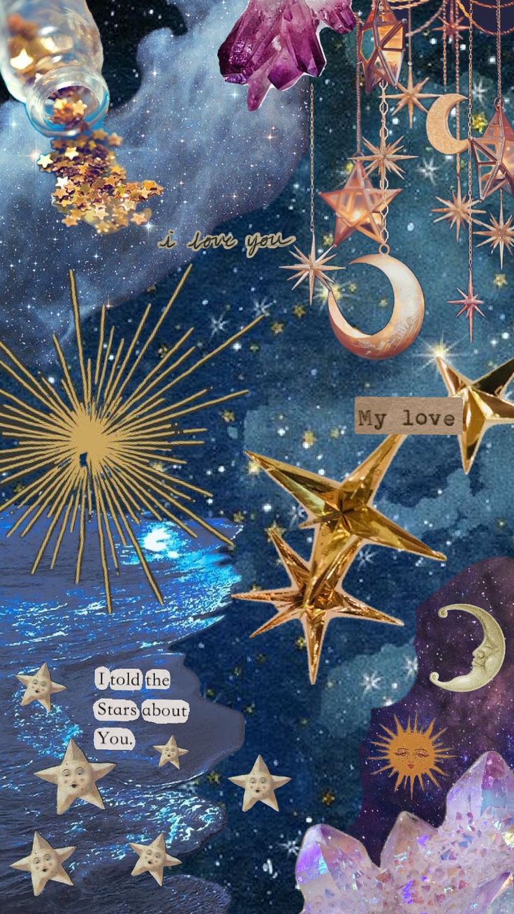 a collage of stars, moon and clouds with the words i love you on them