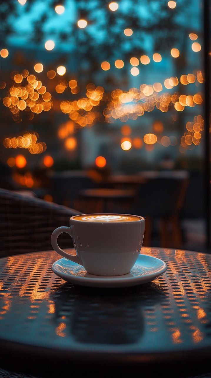 a cup of coffee sitting on top of a table next to a window with lights in the background