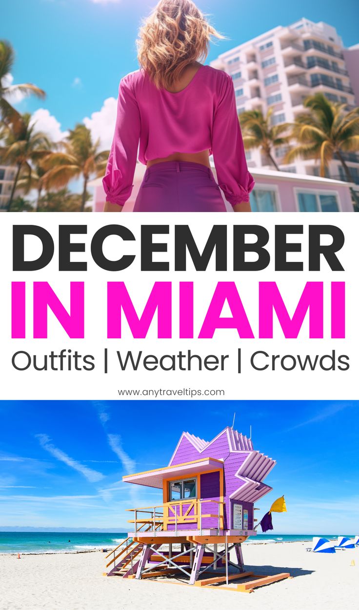 a woman standing on top of a beach next to a lifeguard tower and the words, december in miami