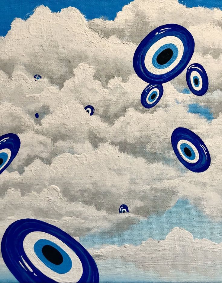 an oil painting of blue eyes floating in the air on a cloudy sky with white clouds