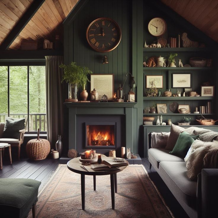 a living room filled with furniture and a fire place in the middle of a room