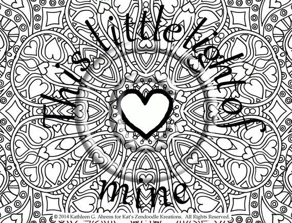 a coloring page with hearts and words in the center, surrounded by swirly lines