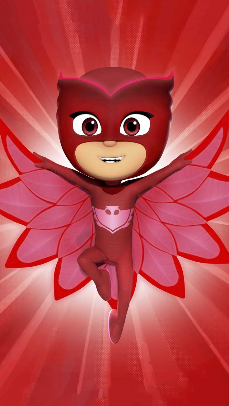 a cartoon character flying through the air on a red and pink background with sunbursts