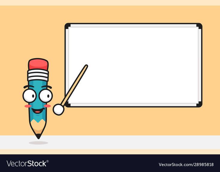 a cartoon pencil character pointing to a whiteboard