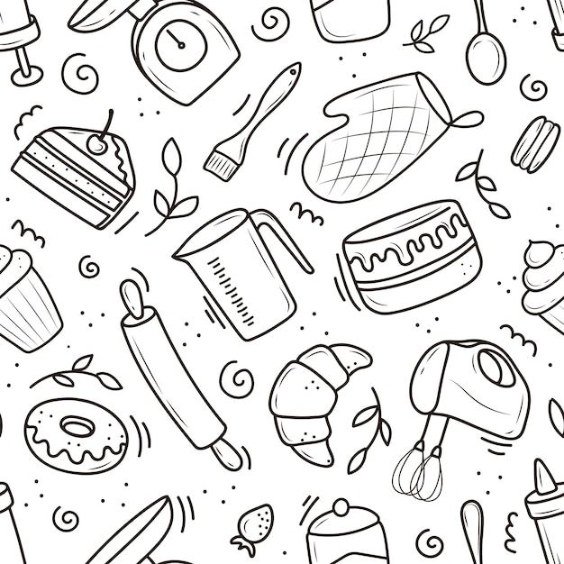 a black and white pattern with different types of food items on the table, including ice cream