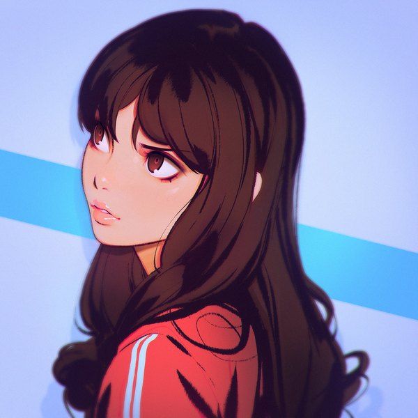 Anime picture 				1080x1080 with  		original 		kr0npr1nz 		long hair 		single 		brown hair 		simple background 		brown eyes 		fringe 		looking away 		shadow 		parted lips 		hair between eyes 		portrait 		lipstick 		looking up 		shiny skin 		upper body 		eyeshadow 		purple 		serious Ilya Kuvshinov, An Anime, Black Hair, Wall, Red, Anime, Hair, Blue, Black