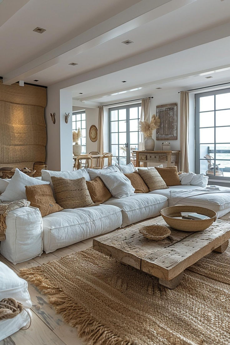 a living room filled with lots of furniture and pillows on top of a wooden table