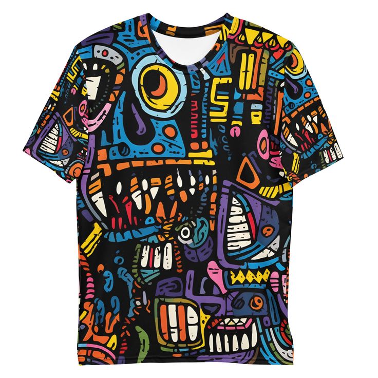 Elevate your style with this stylish abstract urban art-inspired all-over print shirt, blending edgy graffiti elements with timeless fashion.  Get to know your new favorite tee--it's super smooth, super comfortable, and made from a cotton touch polyester jersey that won't fade after washing.  * 95% polyester, 5% elastane (fabric composition may vary by 1%) * Premium knit mid-weight jersey * Four-way stretch fabric that stretches and recovers on the cross and lengthwise grains * Regular fit * Bla Artistic Multicolor T-shirt With Sublimation Print, Black Artistic Graphic Print, Multicolor Graffiti Print T-shirt For Summer, Artistic Tops With Funny Print For Summer, Multicolor Urban T-shirt For Summer, Artistic Funny Print Tops For Summer, Artistic Multicolor Printed T-shirt, Artistic Multicolor Short Sleeve Shirt, All Over Print T-shirt For Summer Streetwear