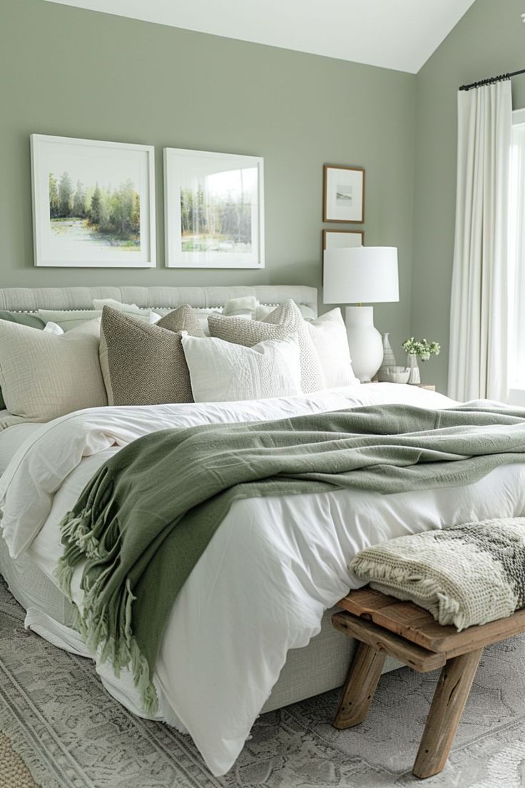 a large bed sitting next to a window in a room with two pictures on the wall