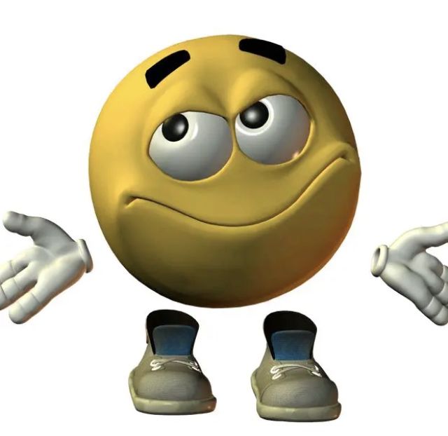 an emoticive smiley face with one hand up and two feet down