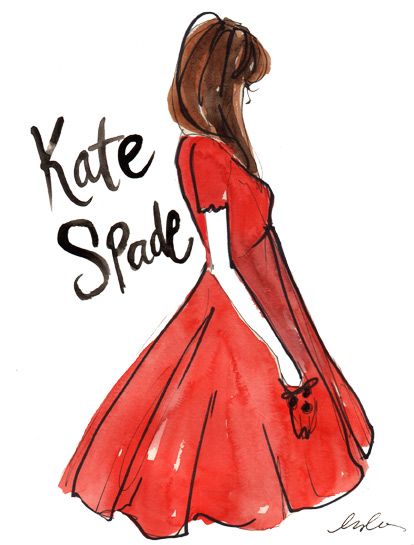 a drawing of a woman in a red dress with the words kate spade on it