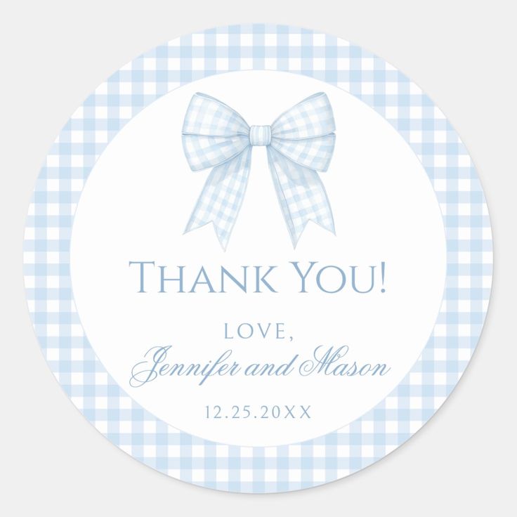 a blue and white gingham checkered thank sticker with a bow on it