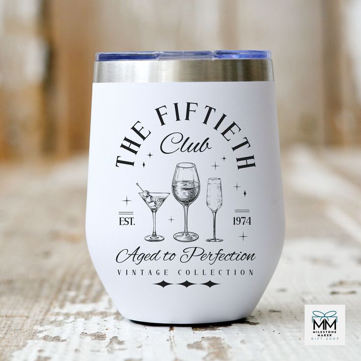 a white wine glass with the words, the fifth club aged to perfection written on it