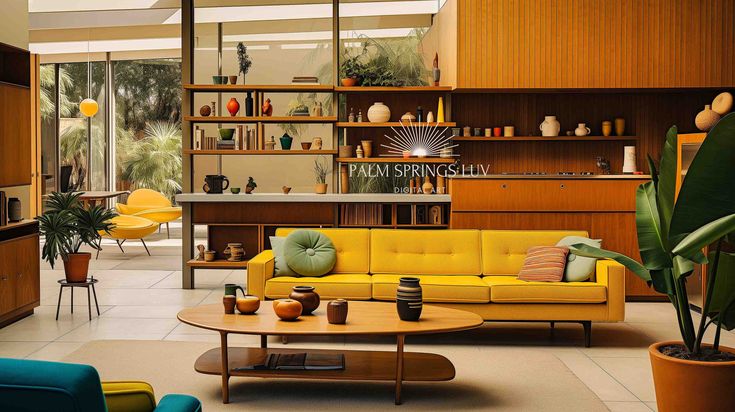 a living room filled with furniture and lots of plants