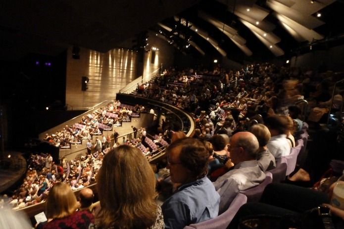 an auditorium full of people sitting in chairs and facing the stage with their backs to the camera