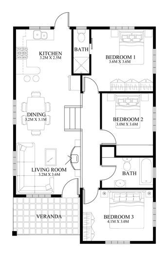 the floor plan for a small house with three bedroom and two bathrooms, which are located in