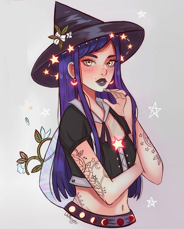 a drawing of a girl with purple hair and tattoos wearing a witch's hat