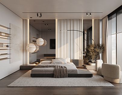 a modern bedroom with white walls and wood flooring is pictured in this rendering image