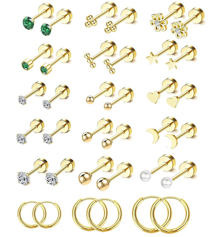 various pairs of gold earrings and piercings with different designs on the front, back and side