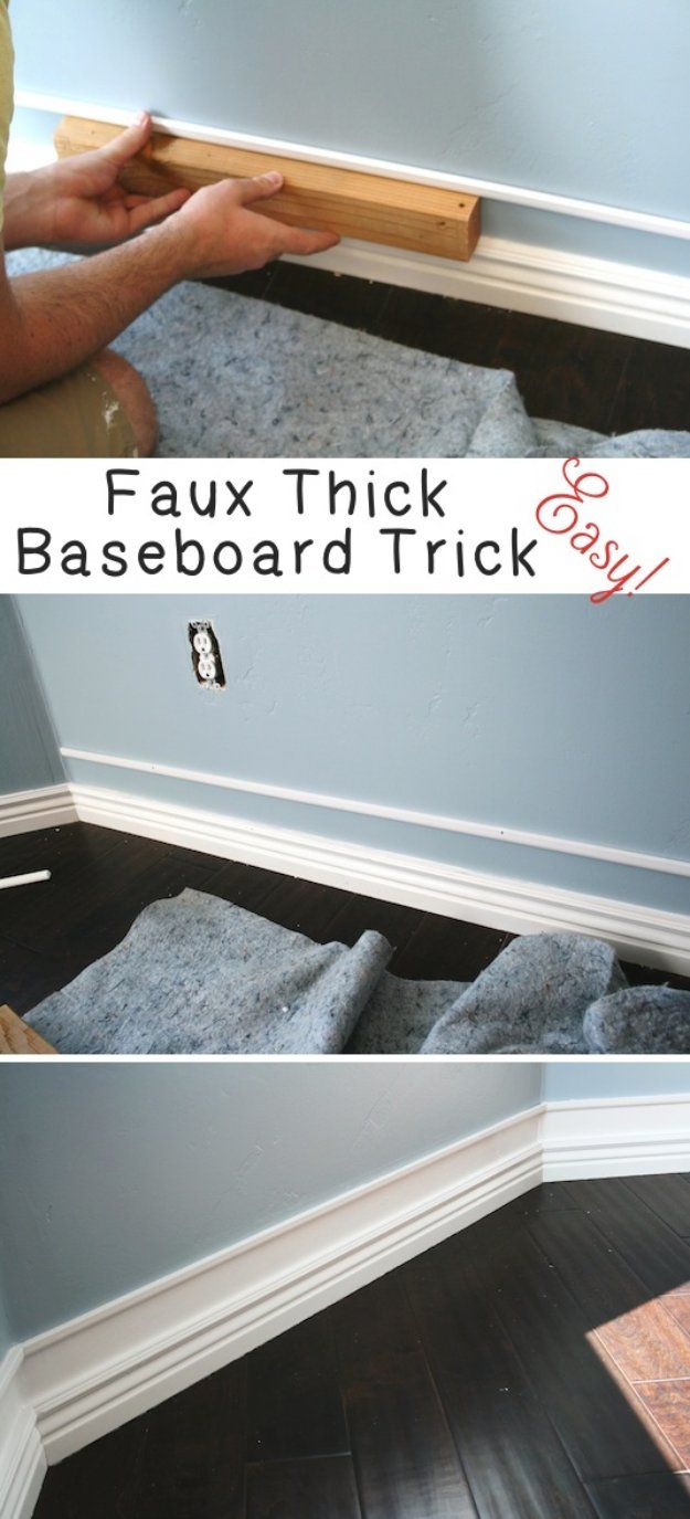 two pictures showing how to install baseboards in a room