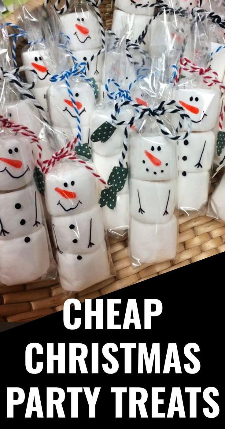 a basket filled with marshmallows covered in snowmen and text that reads cheap christmas party treats