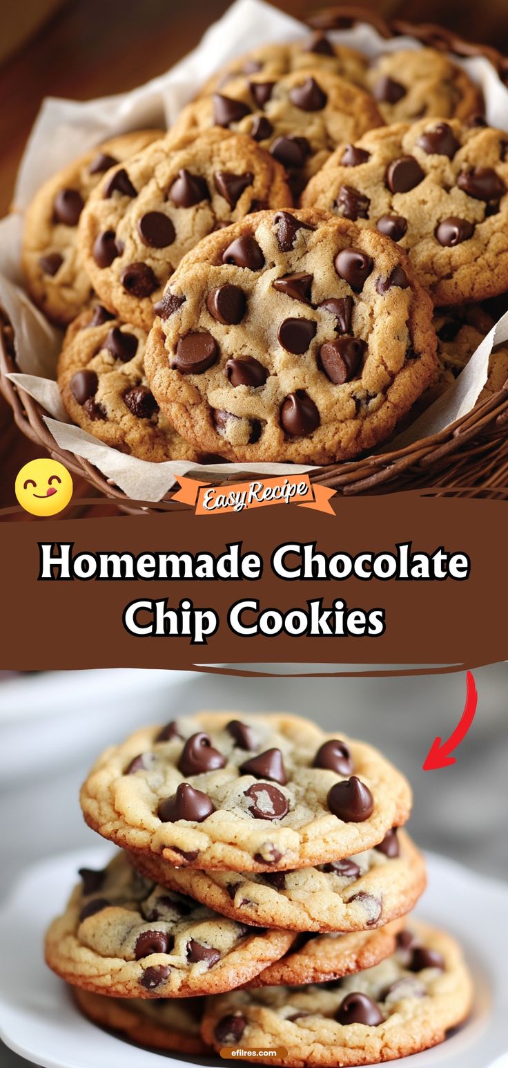 chocolate chip cookies are stacked on top of each other with the words homemade chocolate chip cookies above them