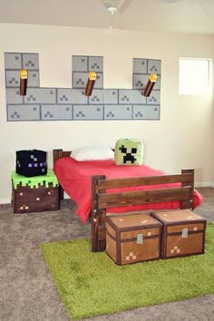 a bedroom decorated in minecraft furniture and decor with lots of storage boxes on the bed