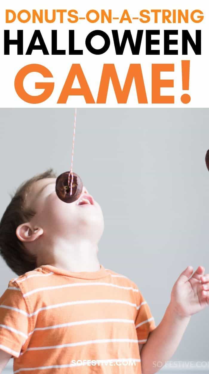 a young boy holding a donut on a string with the words, donuts - on - a - string halloween game