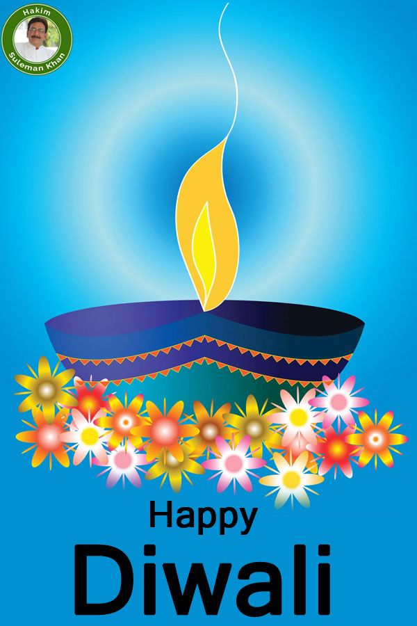 happy diwali greeting card with colorful flowers and lit candle on blue sky background