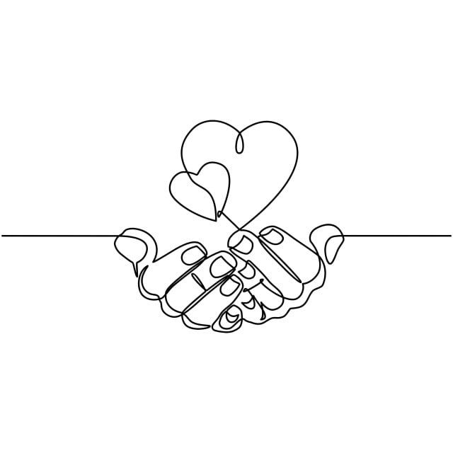 a continuous line drawing of two hands holding a heart