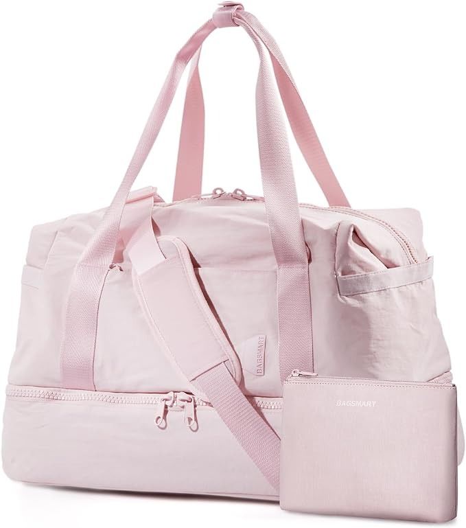 Amazon.com | Weekender Bags for Women, BAGSMART Travel Duffel Bags with Shoe Compartment,Personal Item Travel Bag for Airlines, Carry on Overnight Tote Bag with Toiletry Bag (Pink) | Sports Duffels Cute Duffel Bags, Pink Gym Bag, Cute Gym Bag, Pink Travel Bag, Clothes Room, Foldable Travel Bag, Sleepover Essentials, Pink Duffle Bag, Sleepover Bag