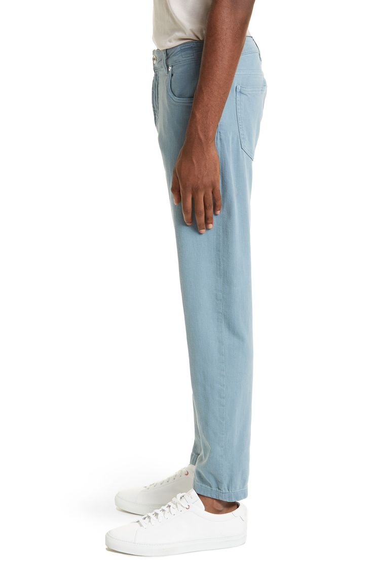 A simple straight cut and five-pocket styling give these stretch-cotton twill pants the traditional comfort of old faves in a denim-look hue. 29 1/2" inseam; 14" leg opening; 10" front rise; 14" back rise (size 32) Zip fly with button closure Five-pocket style 98% cotton, 2% elastane Dry clean Made in Italy Men's Designer Clothing Designer Clothing Brands, Cotton Cargo Pants, Denim Pants Mens, Tapered Trousers, Wool Trousers, Twill Pants, Designer Clothes For Men, Cargo Trousers, Pocket Pants