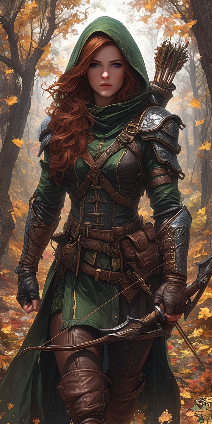 a woman with red hair and green outfit holding a bow in the woods while standing next to trees