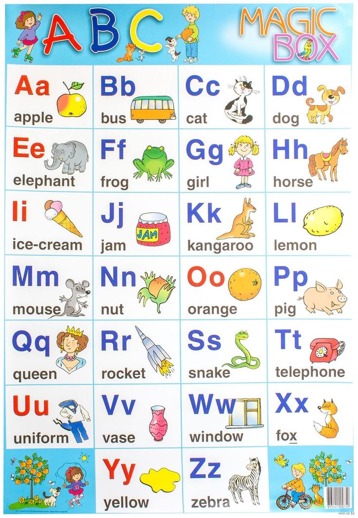 an alphabet poster with pictures of animals and letters