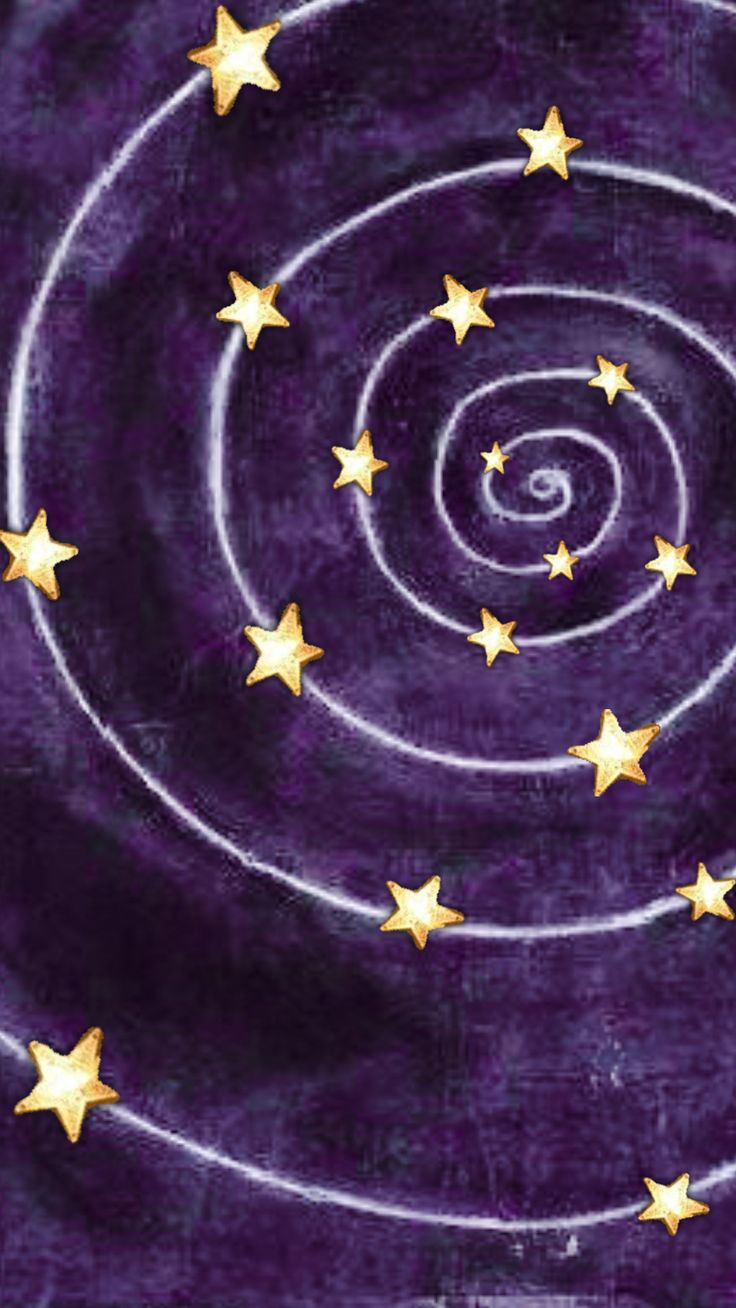 a spiral with gold stars in the middle on a purple background that looks like something out of space