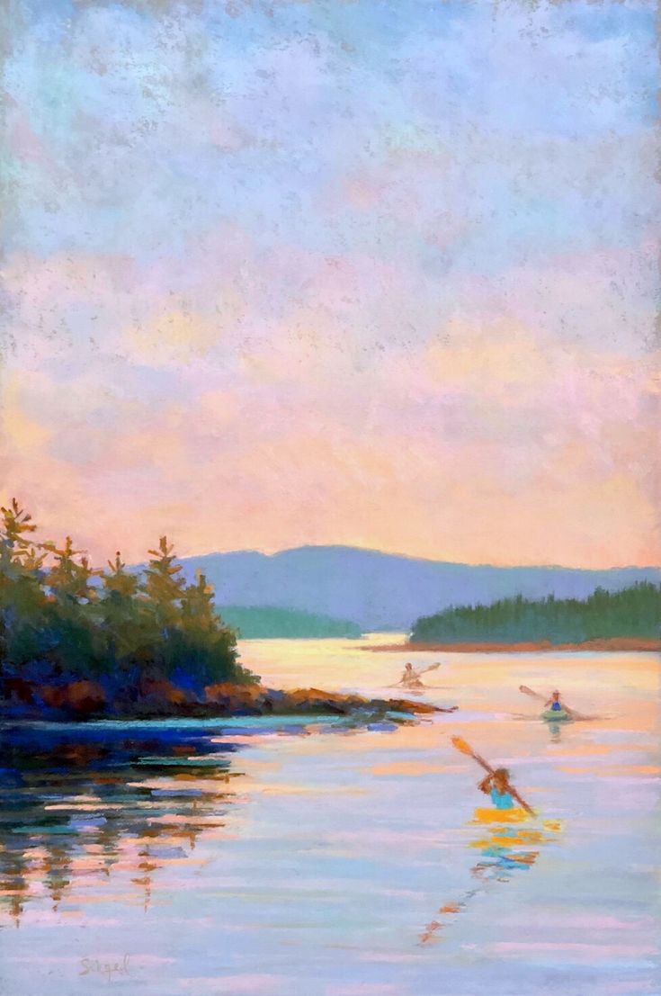 a painting of two people paddling in canoes on the water at sunset with mountains in the background