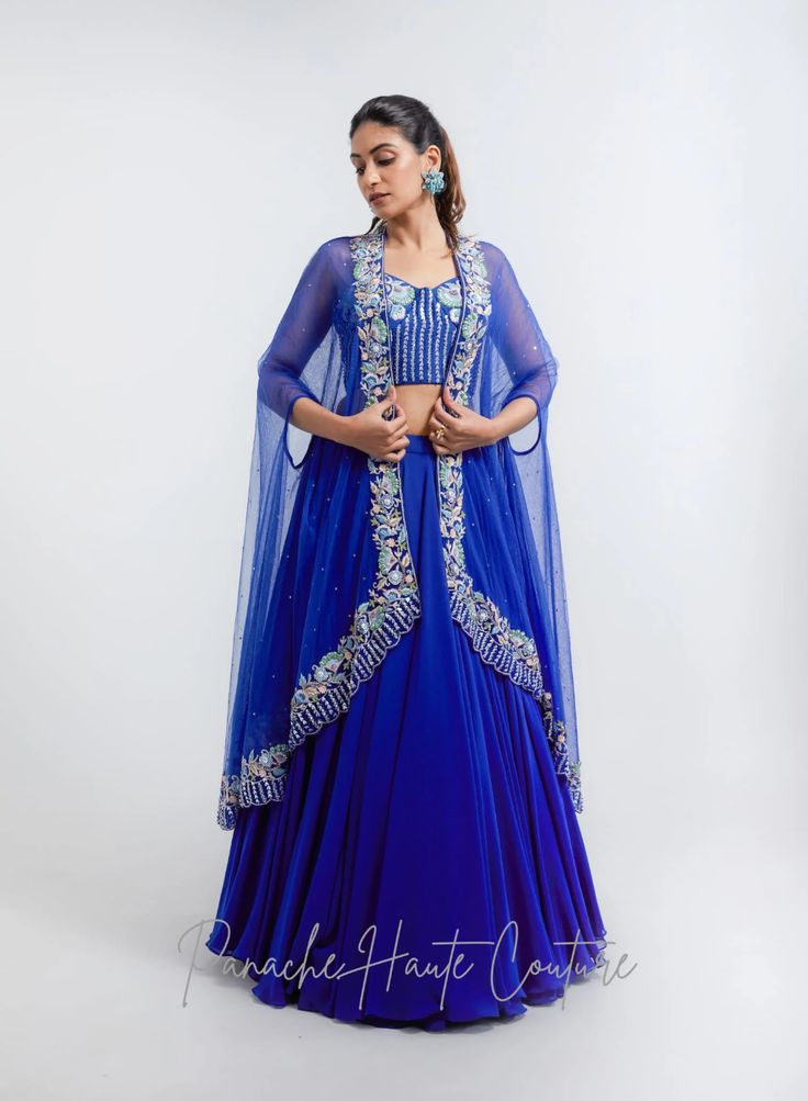 Royal Blue Color Skirt with Crop Top – Panache Haute Couture Stone Work Embroidery, Royal Blue Lehenga, Indowestern Dresses, Royal Blue Outfits, Indowestern Gowns, Western Gowns, Reception Gowns, Raw Silk Blouse, Indo Western Gown